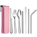 【9tlg Campingbesteck-Set】 Enthält: 1 x Tafelmesser, 1 x Tafelgabel, 1 x Tafellöffel, 1 x gerades Stroh, 1 x Gebogenes Stroh, 1 x Essstäbchen, 1 x Reinigungsbürste, 1 x Weizenstrohbox, 1 x Tragbare Netztasche, Spülmaschinenfest