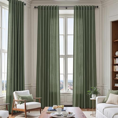 Image of Nanspring Olive Green Linen Curtains for Living Room 2 Panels Set 126 Inch Length Back Tab Light Filtering Semi Sheer Curtain Drapes for Bedroom 52x126