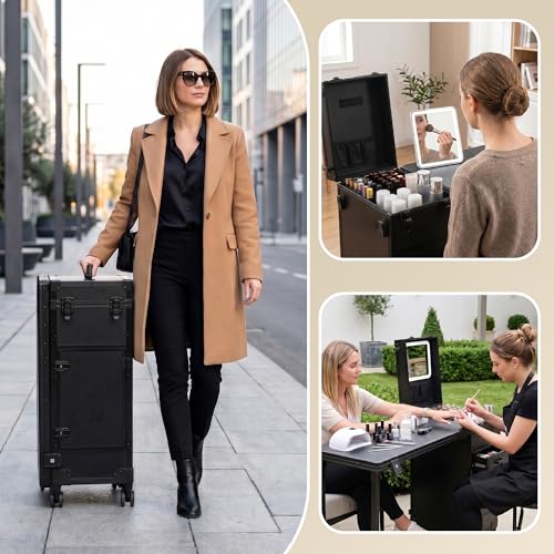 Image of Portable Manicure Table with 3 Drawers, Rolling Foldable Nail Desk with Detachable Mirror, Professional Makeup Train Case with Wheels and TSA Lock for Nail Techs & Salon Use