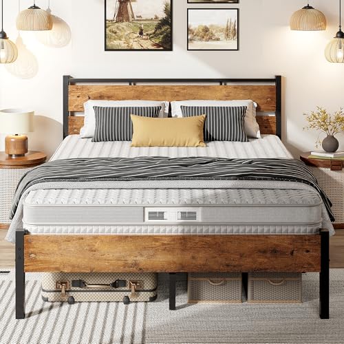 14 Inch Queen Bed Frame with Wood Headboard and Footboard, Sturdy Metal Bed Frame Queen Size with...