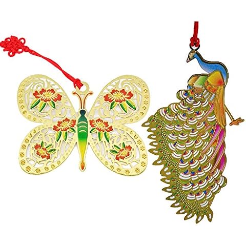 2 Pcs Art Metal Bookmarks Golden Peacock and Butterfly Book Mark with String for School Stationery Home Office Reading Accessories (Peacock and Butterfly) Cover