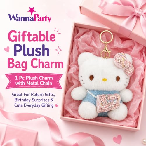 Image of Wanna Party Cute Kawaii Blue Cat Plush Keychain, Soft Pink & Blue Bag Charm with Bow