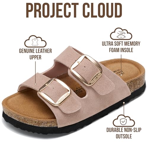 Image of Project Cloud Kids Sandals 100% Genuine Leather - Natural Cork Footbed Non-Slip Slides for Kids - Lightweight Boys & Girls Sandals - Water-Resistant Girls & Boys Sandals