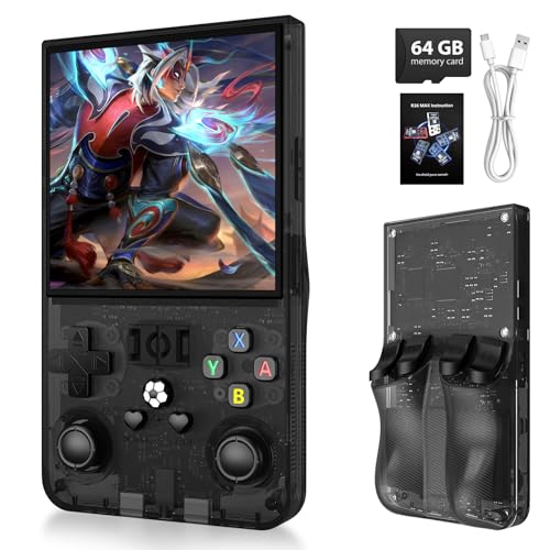 R36MAX Upgraded Retro Gaming Console,4.0 inch IPS Screen,Linux System with Professional RK3326 Gaming Chip, Retro Handheld Game Console Built-in 18000+ Games,4000mAh Large Battery(Transparent Black)