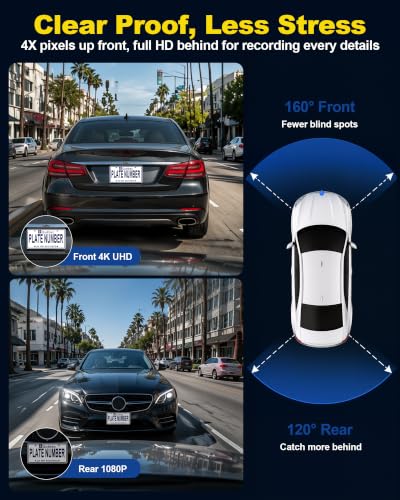 Image of Front and Rear Dash Cam, 4K+1080P Dual Dash Camera Quick Video Access 15-Min Install Record Every Mount, Ultra-Precise 2 Channel HDR