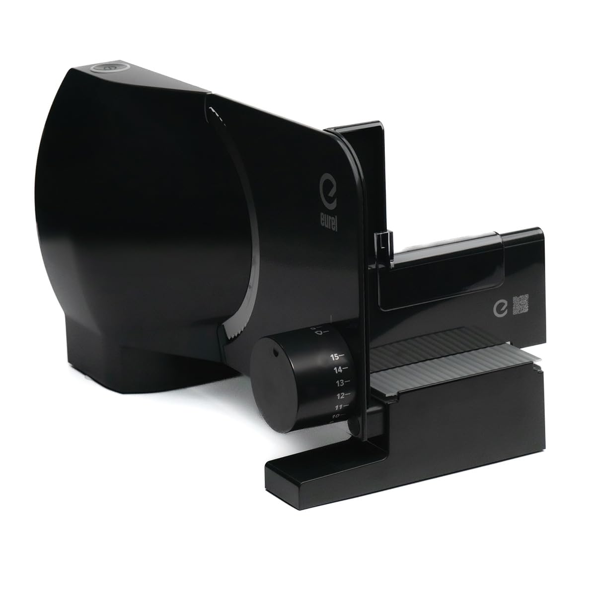 EUREL RS72 Allesschneider Elektrisch Schwarz – Brotschneidemaschine, 170 mm Edelstahlklinge, 0–15 mm Schnittstärke, EcoDrive 100 W Gleichstrommotor, Servier- & Aufbewahrungsschale