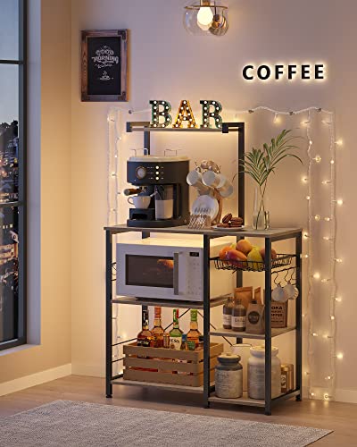 Image of VASAGLE Baker's Rack, Microwave Stand, Kitchen Storage Rack with Wire Basket, 6 Hooks, and Shelves, for Spices, Pots, and Pans, Heather Greige and Ink Black UKKS035B02