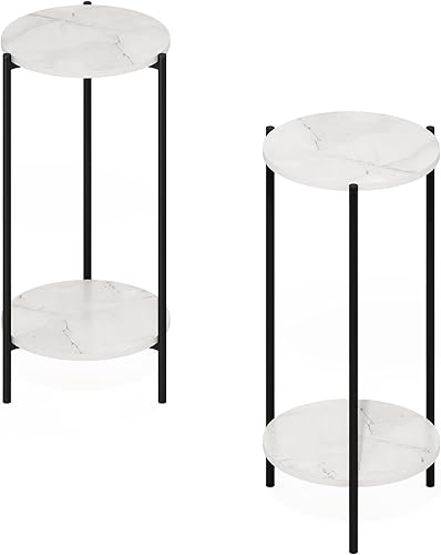 Miniatura 4 de Furinno BESI - Juego de 2 mesas auxiliares, mesa auxiliar redonda pequeña de 2 niveles con patas de metal, mesita de noche con marco de metal,