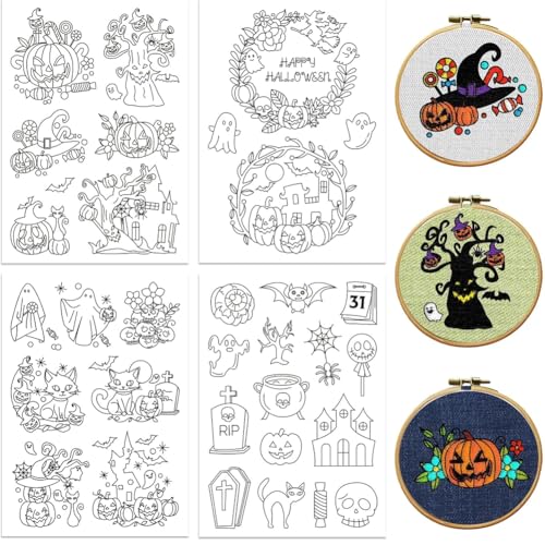 Image of Peacoblue Water Soluble Embroidery Patterns for Beginners Halloween Trees and Castle 4 Sheets with 33pcs Patterns, Wash Away Embroidery Pattern Stabilizer for Hand Sewing Lover Women Adults
