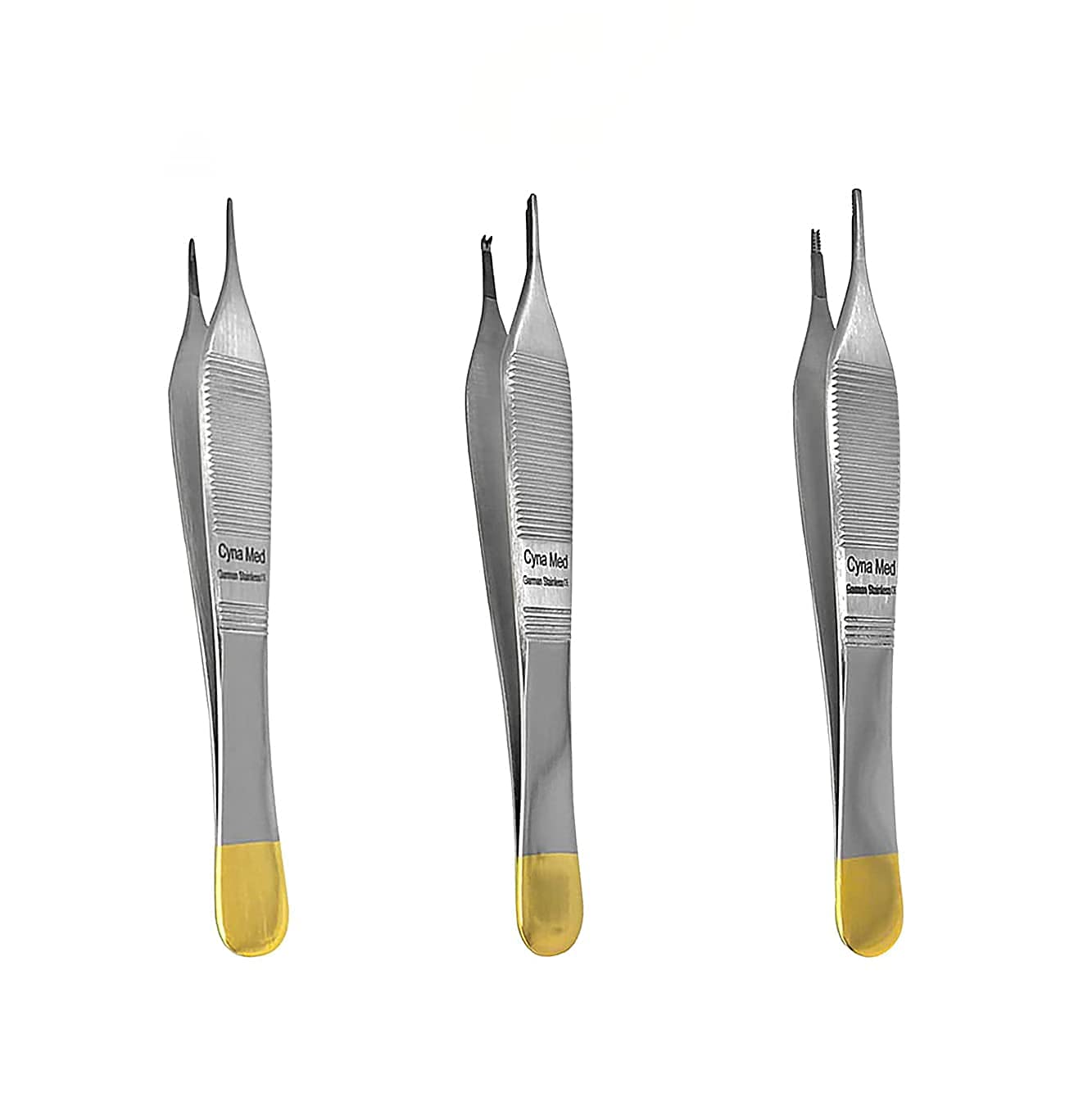 Set of 3 Cynamed TC Adson Plastic Surgery Forceps 4.75" Straight Fine Point with Tungsten Carbide Inserts Surgical Veterinary Instruments with Gold Handle (Adson Brown, Tissue and Dressing Forceps)