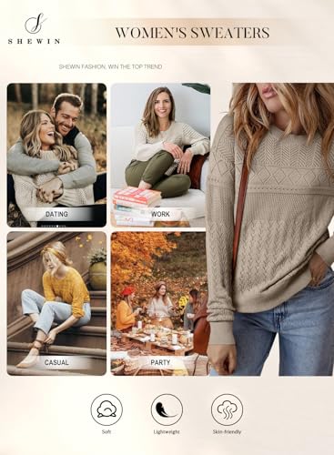 Image of SHEWIN Fall Sweaters for Women Casual Crewneck Long Sleeve Crochet Pullover Tops Sweater