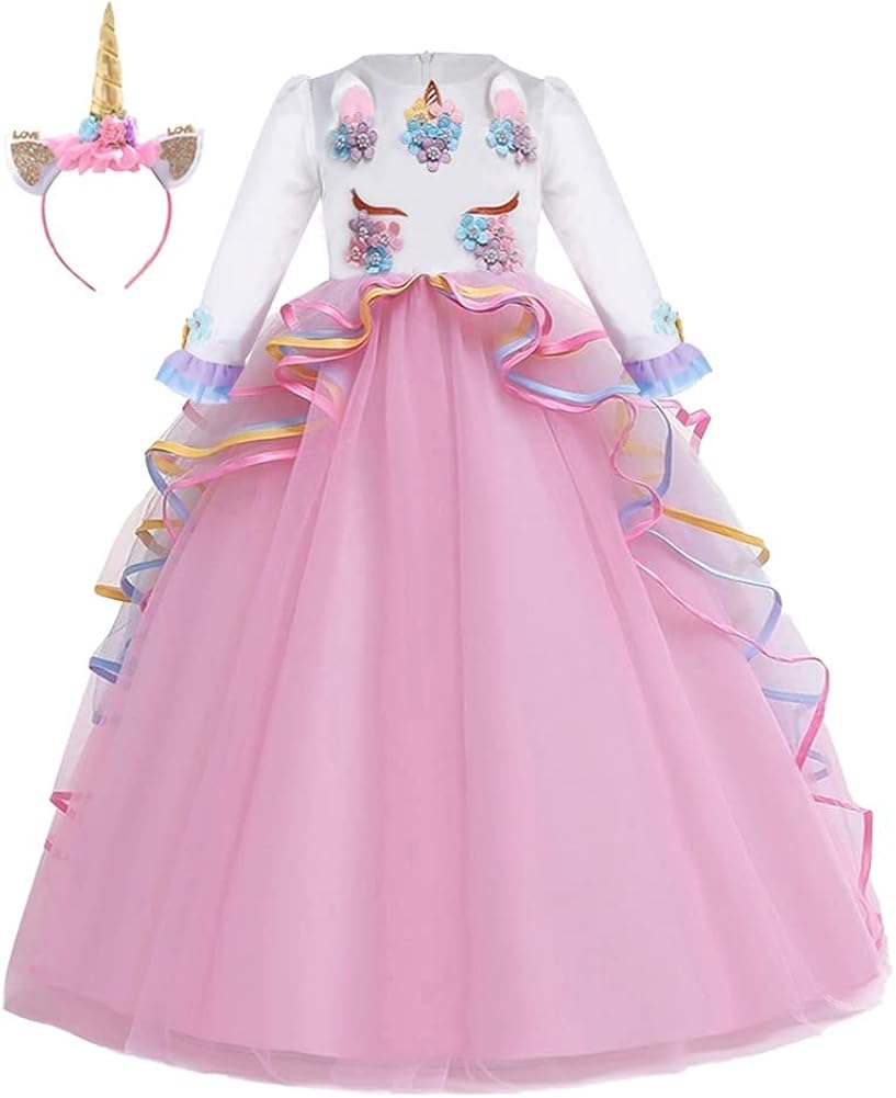 HOIZOSG Disfraz de unicornio para niñas vestido de princesa de tul de manga larga fiesta de Navidad concurso de baile con diadema