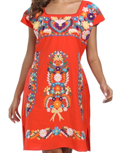 Image of YZXDORWJ Women Mexican Embroidered Dress Ruffle Collar Sleeveless