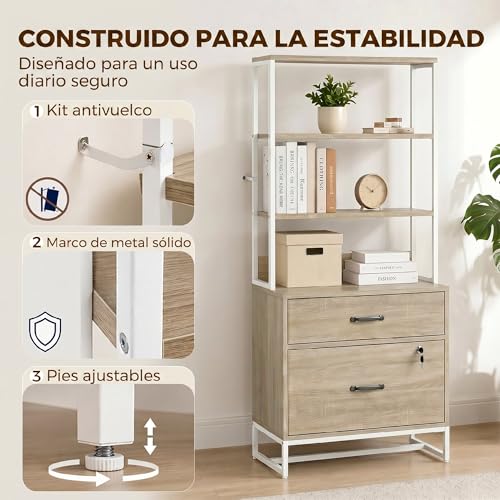 Miniatura 7 de Homcom Cajonera Escritorio Con Estantería, Mueble Archivador Con 2 Cajones, Encimera Para Impresora, Cerradura, Para A4 Letter Legal, Para Oficina, Estudio, Roble