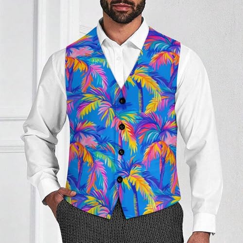 Colorful Palm Trees Suit Vest for Men Waistcoat Dressy V Neck Button Down Sleeveless Business Jacket Coat4
