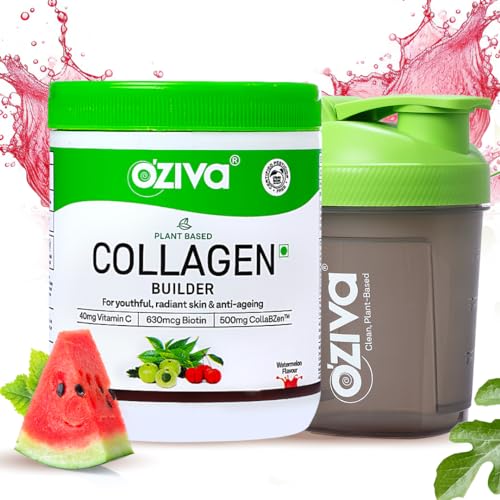 OZiva Vegan Collagen (Watermelon) with Biotin & Vitamin C For Brighter & Youthful Skin | Collagen Supplement For Women & Men | Plant Based Powder | Certified Vegan 125g + Shaker