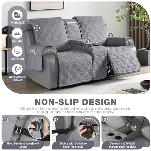 Image of TAOCOCO Loveseat Recliner Cover With Center Console, 100% Waterproof Pet Protector for Dual Reclining Furniture, Split Design With Straps (2 Seater, Gray)