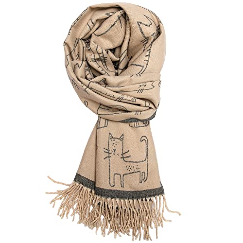 Women's Fringed Scarf Cat Print Pattern Cape Winter Cashmere Feel Shawl Warm Wrap Grey and Beige