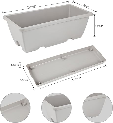 Miniatura 8 de Macetero rectangular con agujeros de drenaje y bandejas, 8 unidades, macetas de plástico para ventana de 17 pulgadas, macetas de plástico para