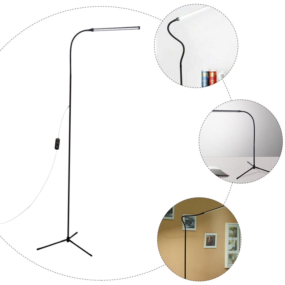 ULTECHNOVO Lampada da Terra LED a Collo di Cigno, Lampada da Lettura Dimmerabile con Clip, Alluminio e Ferro, Nera, Luce Antiriflesso senza Sfarfallio, per Comodino e Lettura