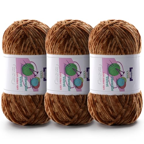 Image of 3 Skeins Soft Fluffy Velvet Yarn, Chenille Chunky Yarn for Hand Knitting and Crocheting DIY Craft, Amigurumi Crochet Yarns(3x196.8yds, 3x3.5oz) (Dark Brown)