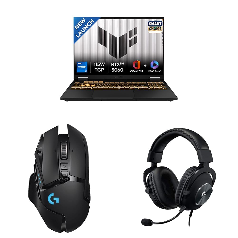 asus tuf f16 gaming laptop,14th gen intel i7-14650hx+8gb rtx 5060,16gb ram,1tb ssd with logitech g502 ls wireless gaming mouse, 25000dpi programmable and logitech gprox wired gaming headset