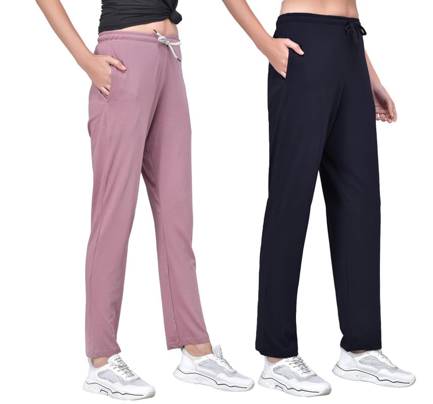 Image of Fflirtygo Women's Cotton Solid Pyjama /Track Pants, Navy Blue and Lavender (Pack of 2)