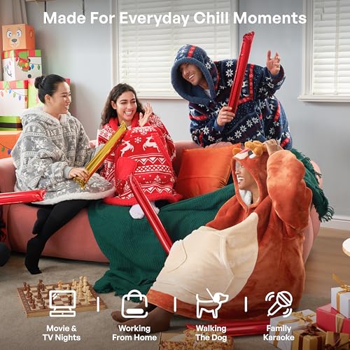 Image of Giggling Getup Wearable Blanket Hoodie for Adults Gifts for Teen Girls Sister Women Sherpa Fleece Printed Hooded Blanket Sweatshirt Warm Cozy with Pocket & Sleeves Blue Christmas Nordic