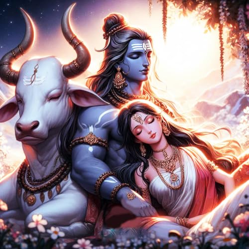 Image of Whattacraft! DIY Acrylic Paint By Number Kit For Adults Kids Beginner Number Painting Kit DIY Canvas Painting By Number Wall Decoration DIY Painting Kit For Adults | Shiv Parvati And Nandi, Multicolor