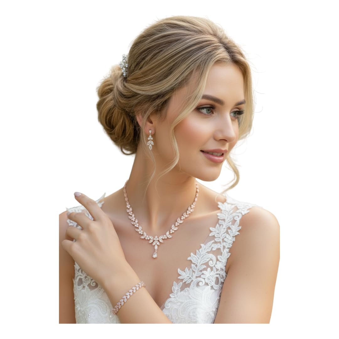 Roségold Zirkonia Schmuckset Halskette Ohrringe Armband Diadem Brautschmuck Hochzeit Kommunion Abiball Collier