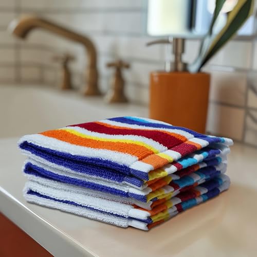 Image of ORIGINAL KIDS Wash Cloth - 12 Pack 100% Cotton Yarn-Dyed Terry Washcloths - 450 GSM Quick Dry Soft Absorbent Gentle Baby Face Towels for Bathroom Travel Daycare - 12 x 12 inches - Cabana Stripe Multi