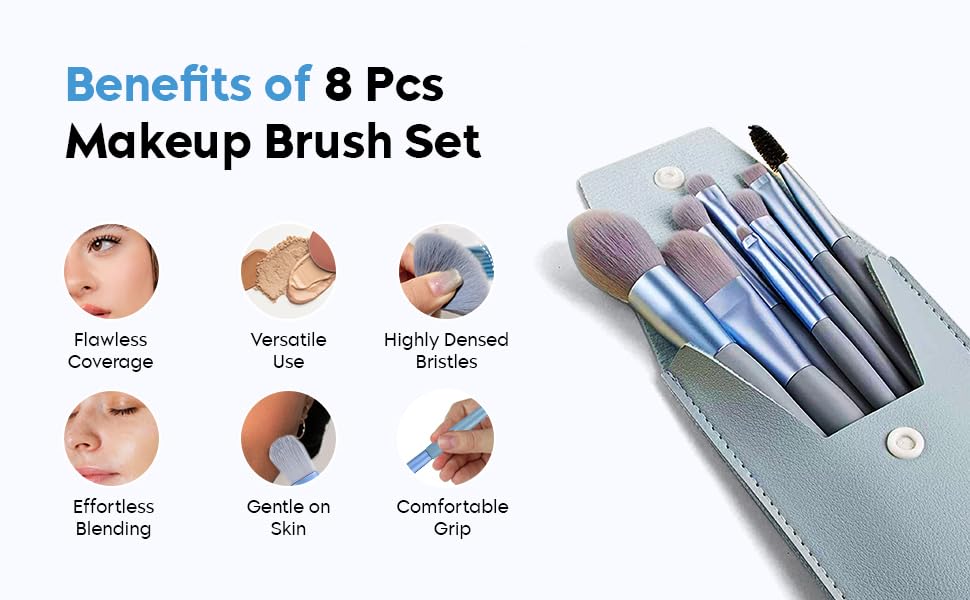 Image of 8 Pcs Makeup Brush Set with Bag & Makeup brush Set | Foundation, Powder, Concealer, Eyeshadow, Blush, Highlighter & Eyebrow Brushes | Soft & Fluffy Bristles (Multicolor)