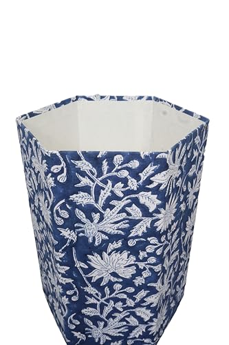 Image of 3.3 Gallon Cotton Hand Block Printed Paper Waste Basket |Small Decorative Trash Can for Housewarming Gifts in Living Room, Bedroom, Bathroom | Eco-Friendly, Plastic-Free (1, Blue White FLOWAR)