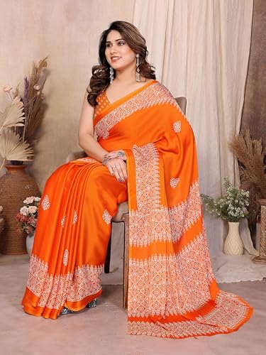 Image of Amazon Brand - Tavasya Womens Blocked Printed Daily Wear Chiffon Georgette Saree With Blouse With Blouse