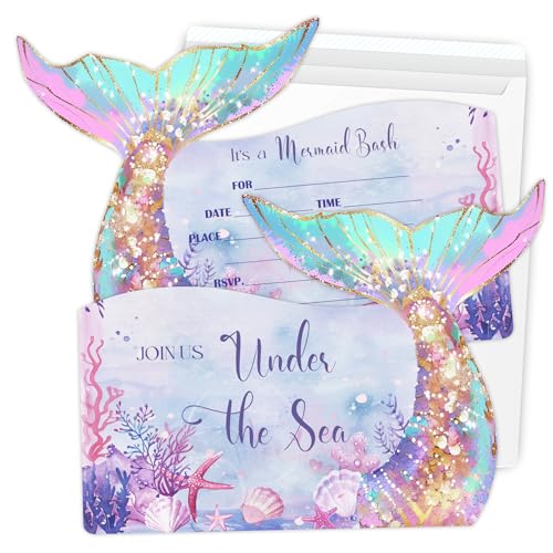 Putocopic Mermaid Girls Birthday Party Invitations Mermaid Birthday Invitations with Envelopes for Kids Birthday Party Pool Party 5x7 Inches