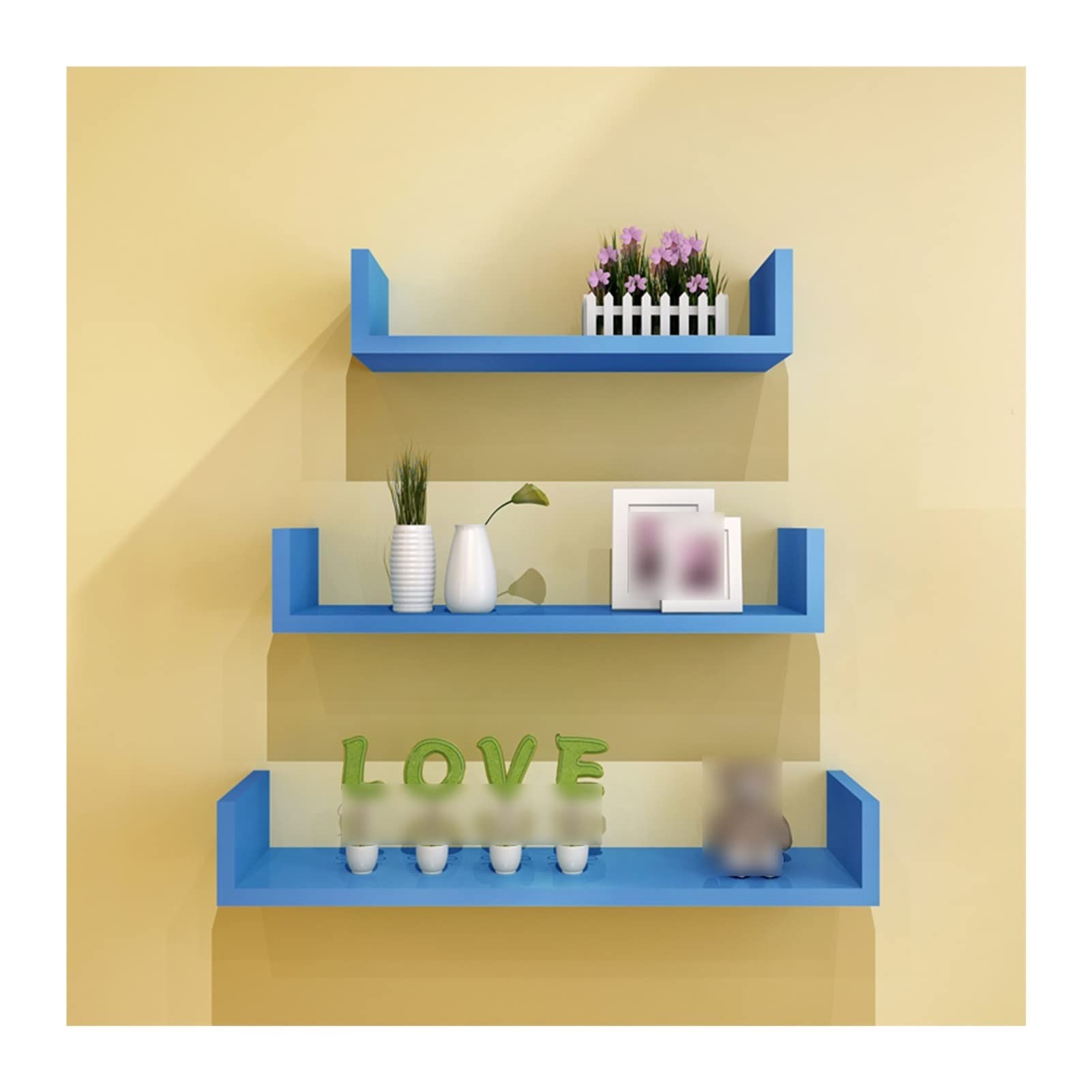 Étagères flottantes rangement mural bleu pour livres de cuisine et plantes de bureau