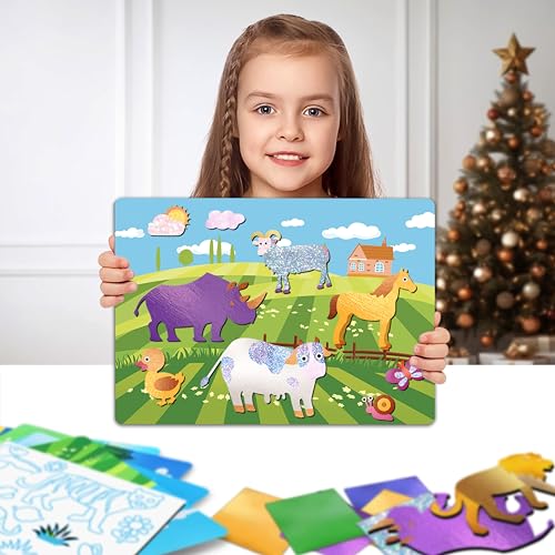 Foil Art Craft Kits for Kids , Animals Mega Mess -free Fun Activity Set for Child, DIY Printing Craft Kits, Gifts for Ages 4 5 6 7 8 9 10 11 12 Years old, Art Supplier Travel Toys for Boys Girls