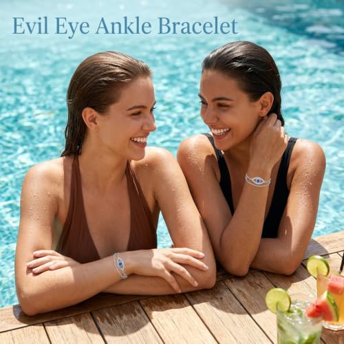 Image of Evil Eye Anklet Sterling Silver Infinity Lotus Flower Evil Eye Anklets for Women Ankle Bracelets Turkish Blue Eyes Protection Chain Jewelry