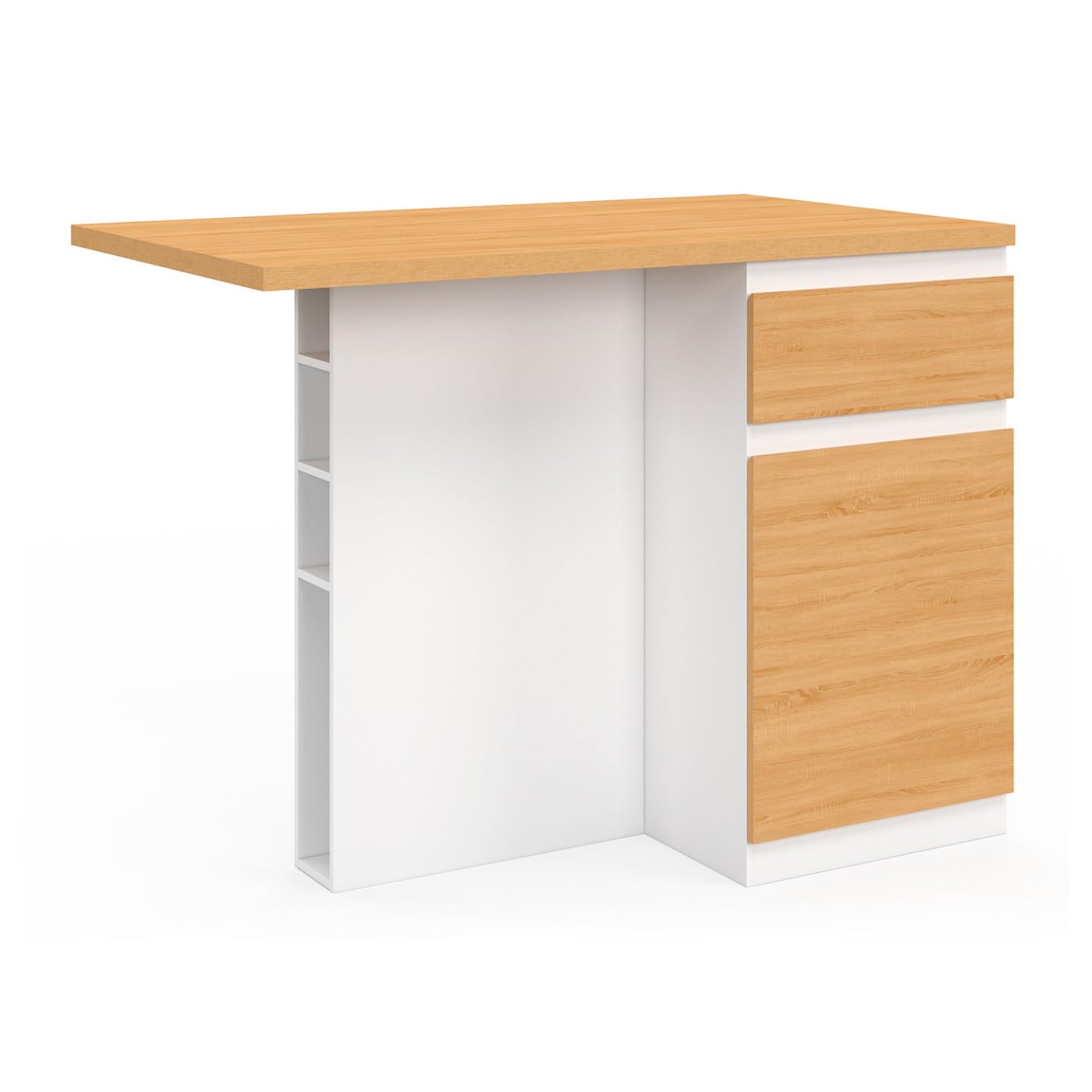 IDMarket - Ilot Central Tino 120 cm avec Range-Bouteilles 4 Personnes Bois Blanc avec Plan de Travail façon hêtre