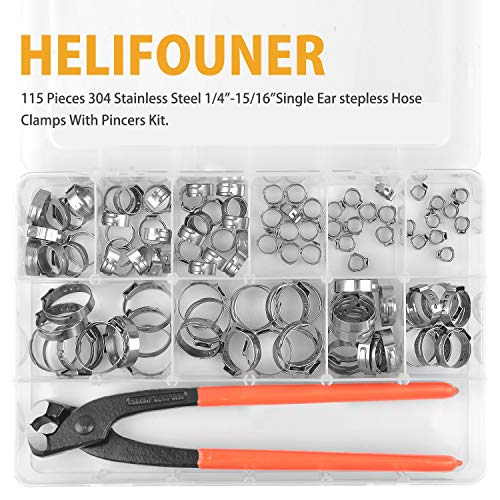 VIGRUE 115Pcs 304 Stainless Steel Single Ear Hose Clamps,6-28.6mm Stepless Hose Clamps with Ear Clamp Pincer,Cinch Rings Crimp Hose Clamps Assortment Kit for Water Pipe, Plumbing and Automotive Use