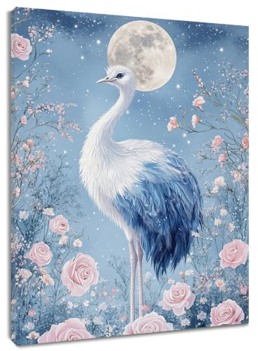 Poster Autruche Bleue et Fleur Rose, Cadre en Bois 40x50cm LB Décoration