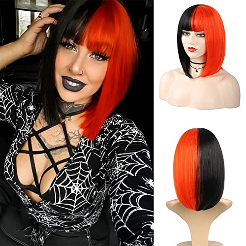 Creamily Perruque Noire et Rouge Courte Bob Perruque Droite pour les Femmes Bob Perruque Synthétique Halloween Cosplay Party Perruque pour les Femmes Cover