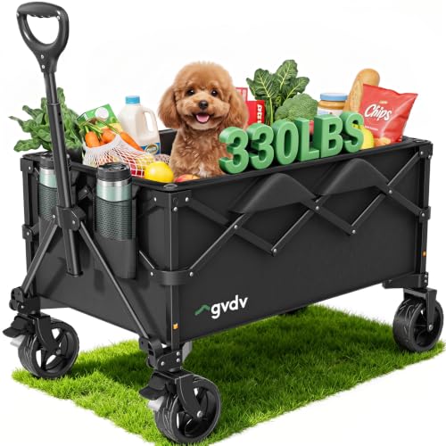 Image of GVDV CW35 Wagons Carts Foldable, 42 in Extended Handle Collapsible Wagon | 330LBS Heavy-Duty Shopping Cart with Drink Holders, 120L Utility Folding Wagon for Grocery, Sports, Camping, Garden, Outdoor