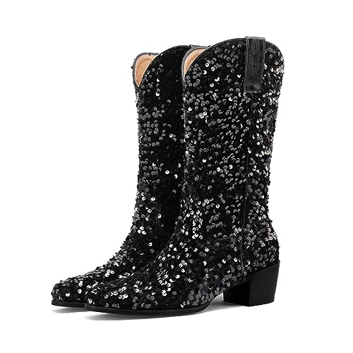 FAIRSOMA Womens Rhinestone Sequin Western Cowgirl Ankle Boots,Slip-On Glitter Cowboy Boots Sparkly Chunky Heel Mid Calf Boots Pointed Toe Ladies Party Dress Shoes