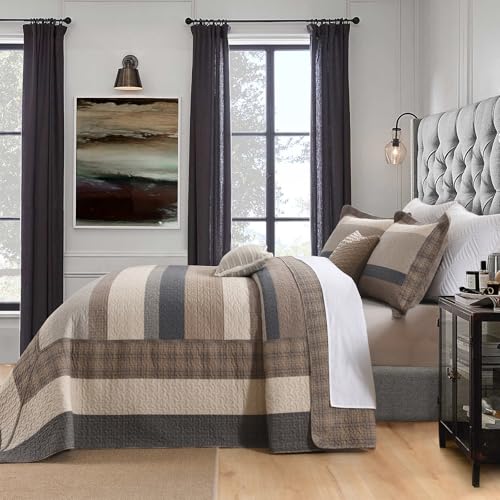 Image of EWlinens Oversized King Bedspread Set 120 inchx120 inch - 100% Cotton Extra Large Quilts King Size, Farmhouse Patchwork Striped Plaid Bedspreads with 2 Pillow Shams, All Season, Dark Brown /Beige /Gray