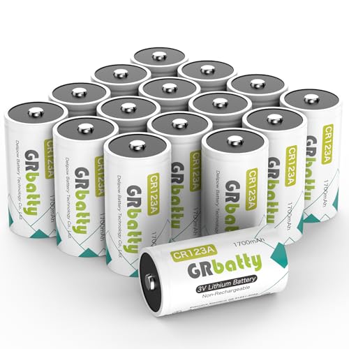 GRbatty CR123A Pilas de Litio 3 V，Pilas CR123A 1700mAh Alta Capacidad para cámaras y linternas, etc. Paquete de 16 (No Recargable)