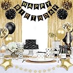 Birthday Decorations for Men Women, Gold and Black Party Decorations, Happy Birthday Banner with Black Gold Balloons Pom Poms Confetti Foil Fringe Curtains, Men Golden Party Decorations - Image 5