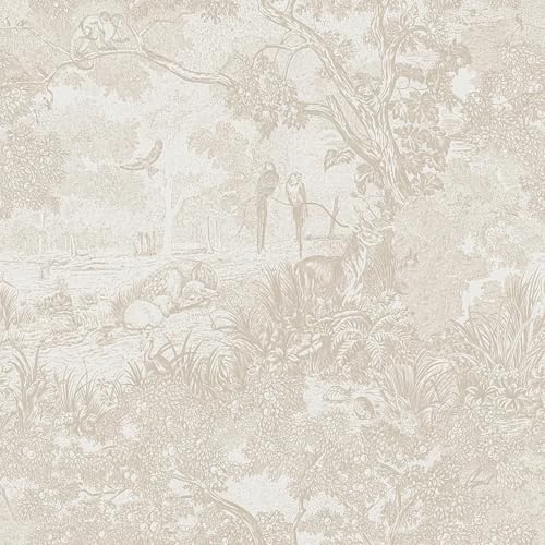 Heroad Peel and Stick Wallpaper Beige Neutral Vintage Forest Animals Floral Wallpaper Removable Self-Adhesive Contact Paper for Bedroom Living Room Cabinets Decoration Thicken Vinyl 17.3x787