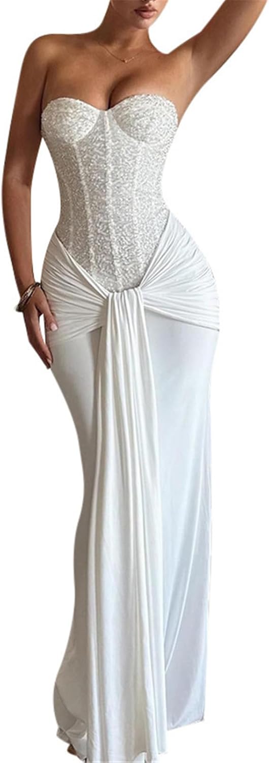 Recious Womens Sexy Off Shoulder Sequins Bodycon Ruched Crisscross Ruffles Party Clubwear Dress