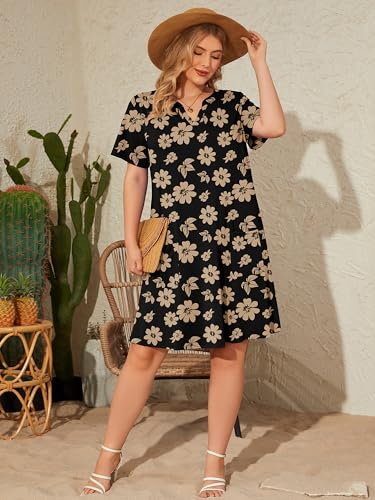 Image of AusLook Plus Size Midi Dress for Women V Neck Short Sleeve Summer Casual Loose Fit Vacation Sundress with Pockets 1X-5X